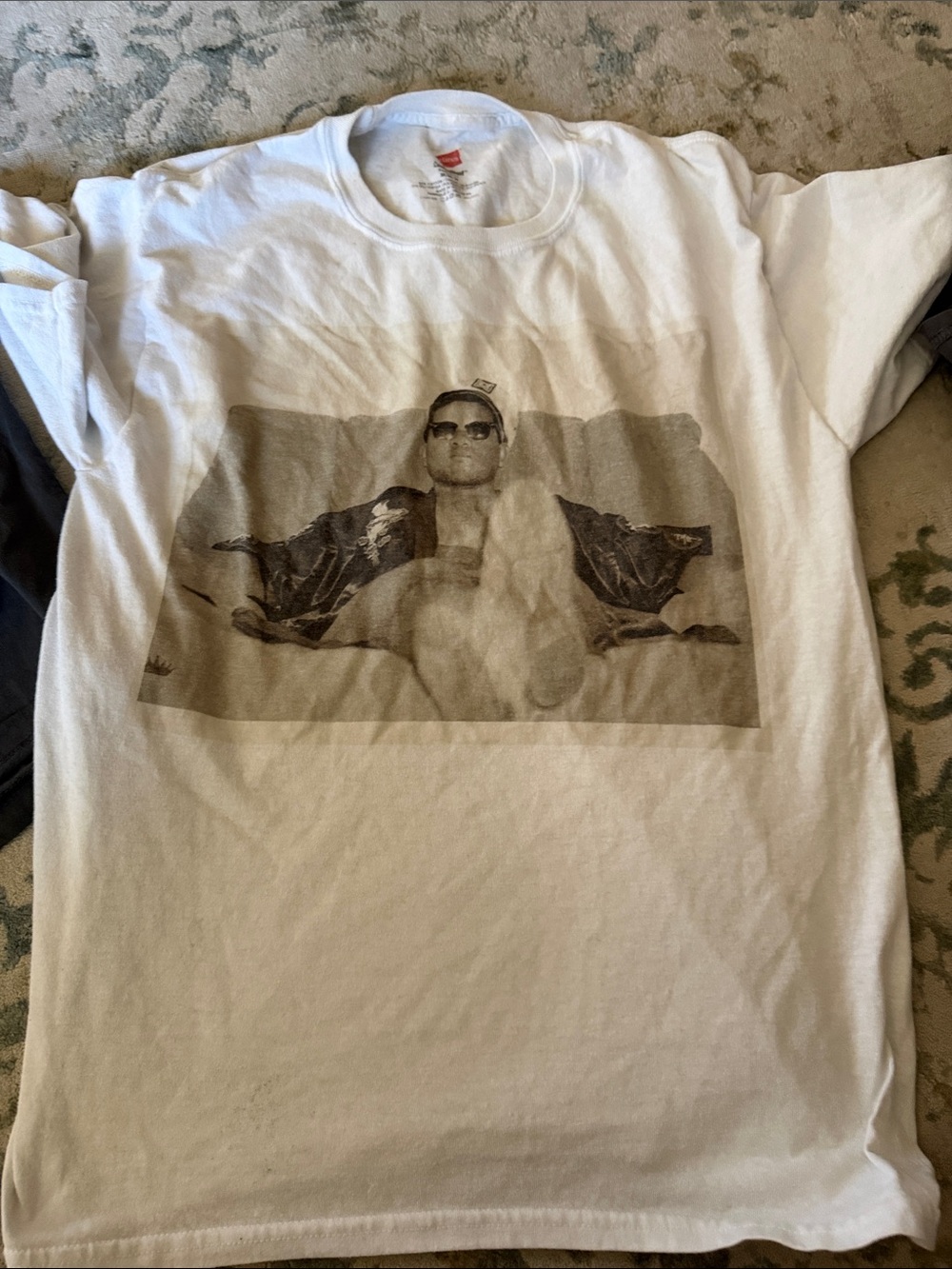 Hanes White Short Sleeve Tee with Black-and-White Photo Graphic